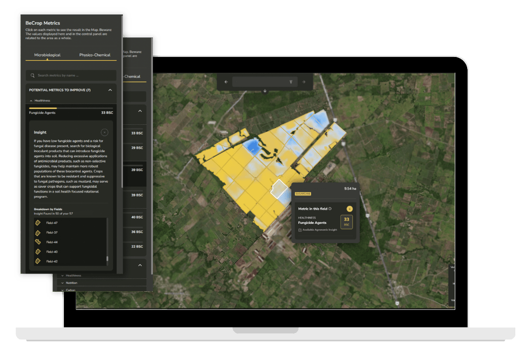 Farm with soil health metrics and disease risk showing